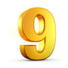 3D rendering of number nine made of gold with reflection isolated on white background.